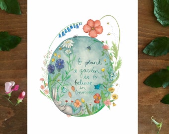 Garden illustration, quote, Audrey Hepburn, drawing, water colours, print, poster