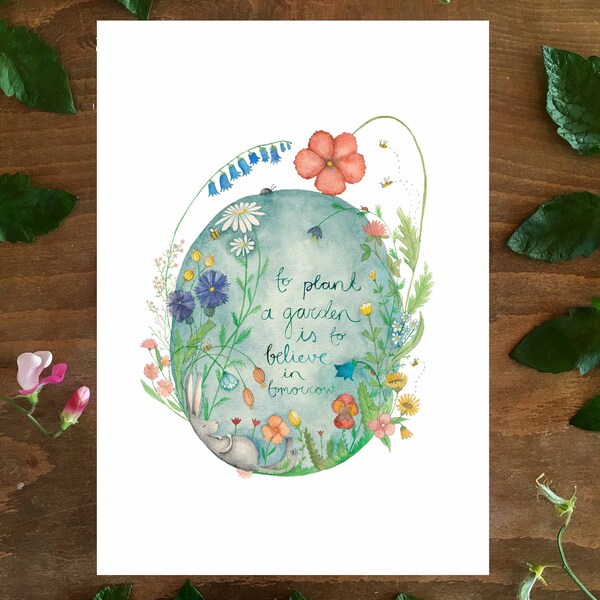 Garden illustration, quote, Audrey Hepburn, drawing, water colours, print, poster
