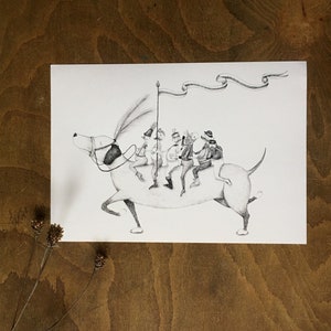 Sausage Dog Riders print, Dachshund, drawing, poster, illustration