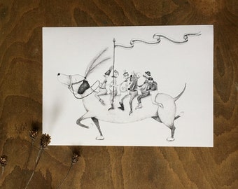 Sausage Dog Riders print, Dachshund, drawing, poster, illustration