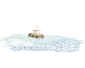 Tug boat, illustration, water colour, art print, giclee print