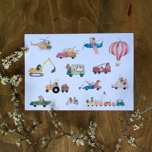 Animals driving vehicles, cars, illustration, childrens room, kids room decor, wild animals