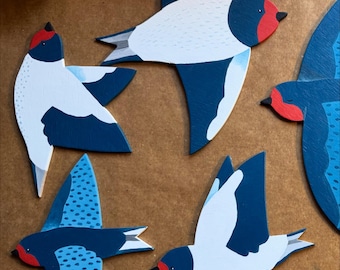 Wooden swallow bird, handpainted illustration wall decoration