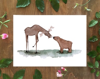 Hello Moose and Bear print, art, illustration, poster, woodland animals, nordic
