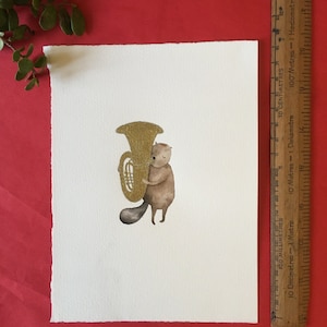 Mini original of a beaver playing tuba, woodland animal, illustration, water colour, music image 3