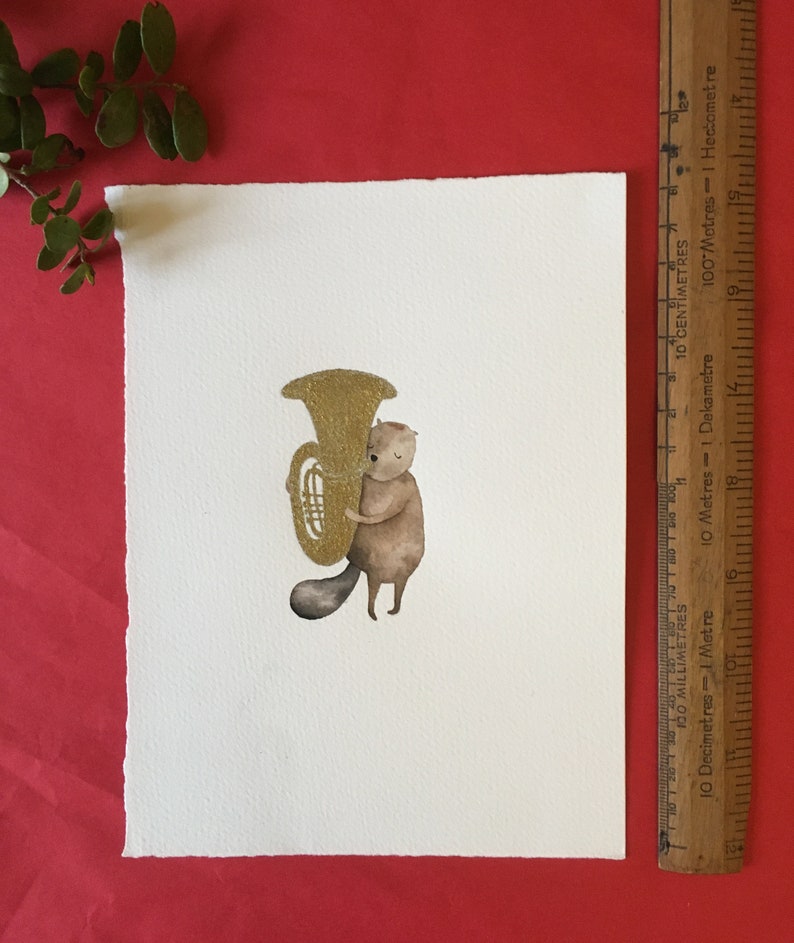 Mini original of a beaver playing tuba, woodland animal, illustration, water colour, music image 3