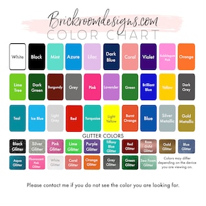 May include: Color chart with a variety of colors, including white, black, mint, azure, lilac, dark blue, coral, violet, bubblegum pink, orange, lime tree, dark green, burgundy, grey, pink, lavender, green, brilliant blue, yellow, dark grey, teal, ice blue, light grey, red, turquoise, light yellow, burnt orange, blue, silver metallic, gold metallic.  The chart also includes a section for glitter colors, with options like black glitter, silver glitter, pink glitter, lime glitter, purple glitter, tiffany blue glitter, red glitter, rose gold glitter, gold glitter, and blue glitter.