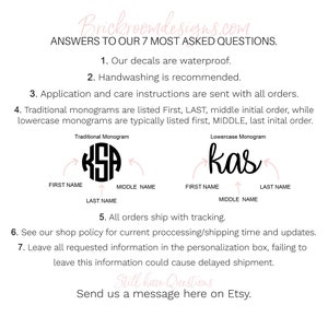 May include: A graphic with text explaining how to order monograms. The text reads: "Traditional Monogram" with a circle containing the letters "KSA" and arrows pointing to "First Name", "Last Name", and "Middle Name". The text reads: "Lowercase Monogram" with the letters "kas" and arrows pointing to "First Name", "Last Name", and "Middle Name".