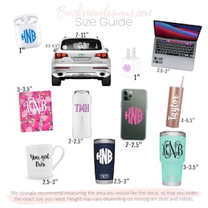 May include: Size guide for custom monogram decals, showing various items like a car, phone case, water bottle, mug, and notebook. The guide includes measurements in inches for each item.
