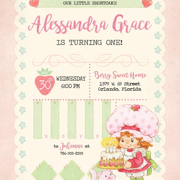 Vintage Strawberry Shortcake Birthday Invitation | 5"x7" Digital Printable File, Double Sided JPG, 1st 2nd 3rd birthday