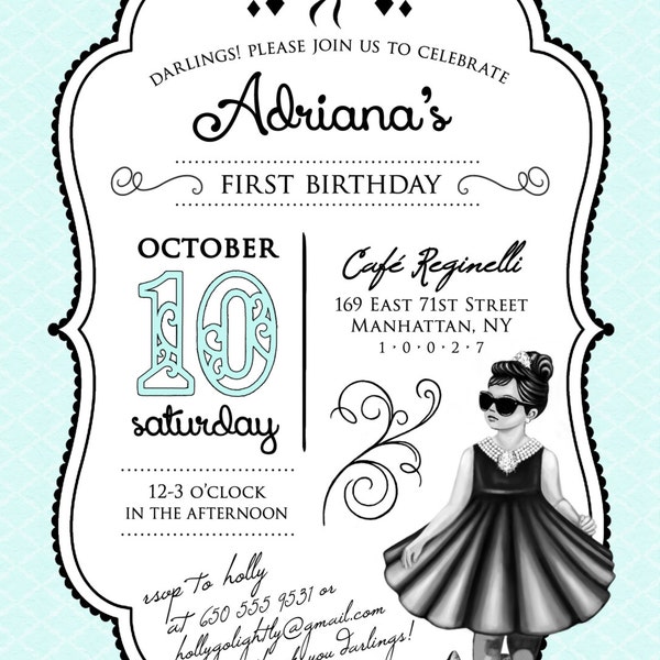 Breakfast at Tiffanys Birthday Invitation --5"x7" Digital Printable File, Double Sided PDF or JPG, 1st, 2nd, 3rd birthday etc.