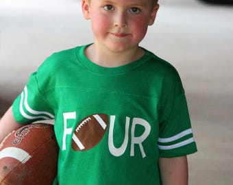 Personalized 4th Birthday Football Shirt | FOUR with Football Design | Custom Name & Age on Back | Toddler Boy Birthday Tee