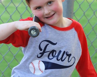 4th Birthday Baseball Shirt – Four Year Old Baseball Tee – Baseball Party Outfit for Boys – Custom Name and Age Birthday Shirt