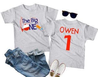 The Big ONE Fishing 1e verjaardagsshirt: gepersonaliseerd T-shirt babyjongen