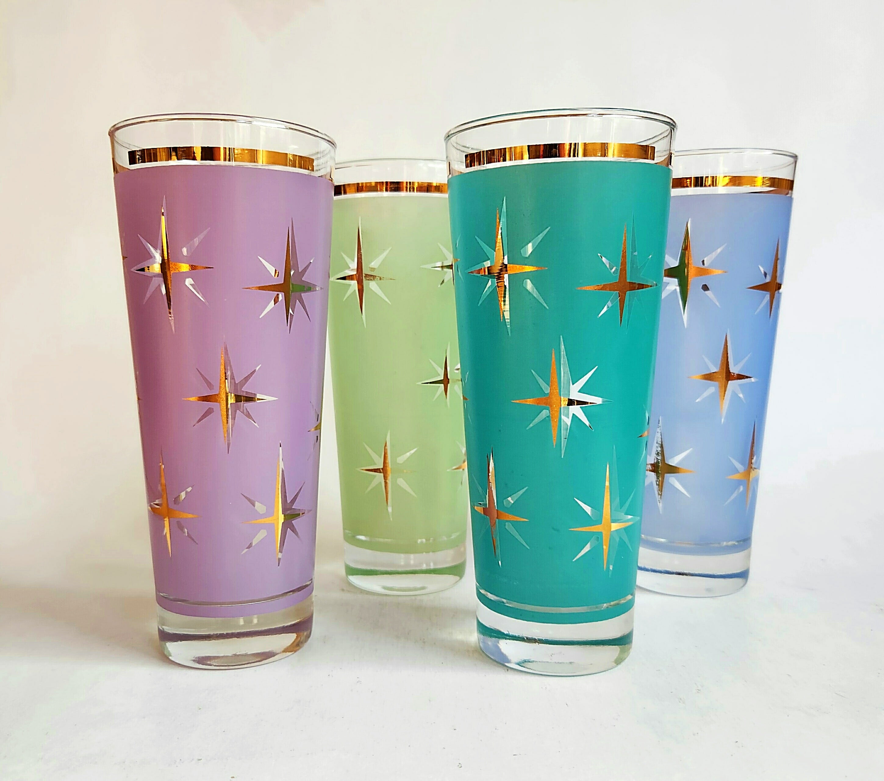 Vintage Bartlett Collins Atomic Star Glasses, Highballs, Gold, Mid