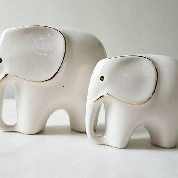 Mid Century Modern Porcelain Elephant and Baby, White, Gold, Vintage