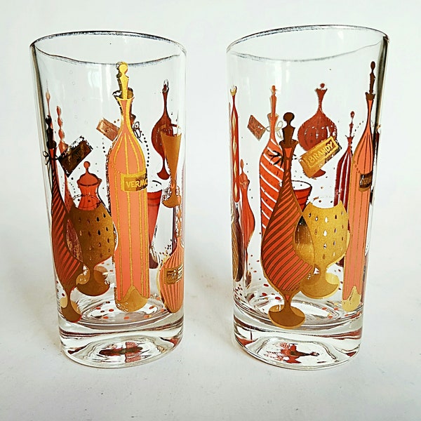 Vintage Highball Glasses, Gold, Pink, Mid Century, Gay Fad
