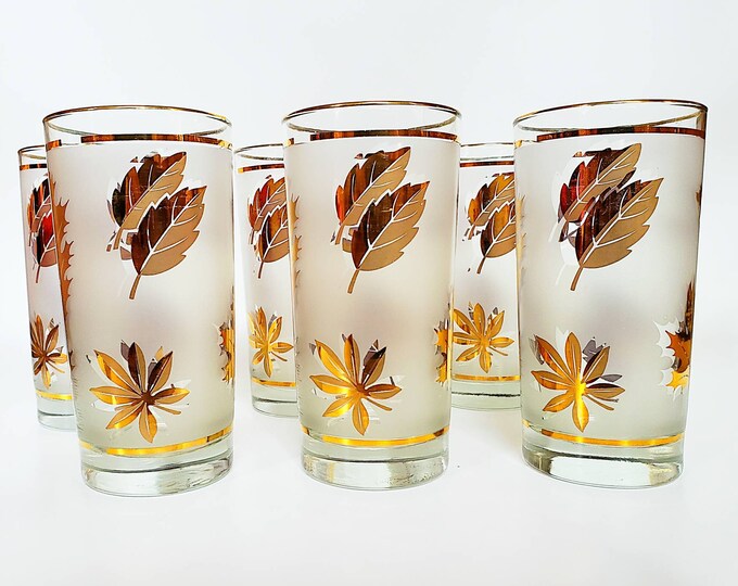6 Vintage Highball Glasses Gold Leaves Mid Century Retro Etsy