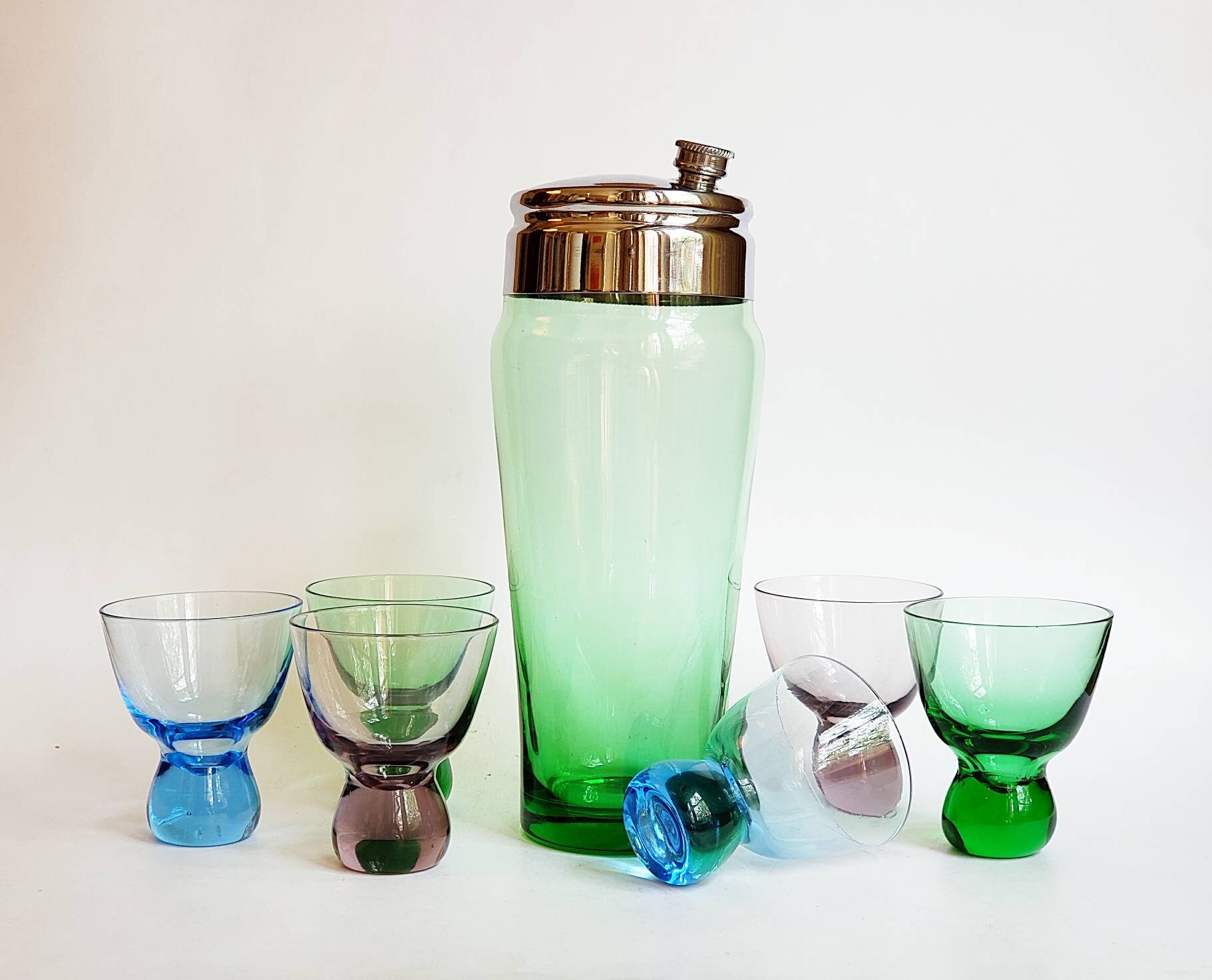 Vintage Cocktail Shaker and Matching Glasses Green Blue Etsy