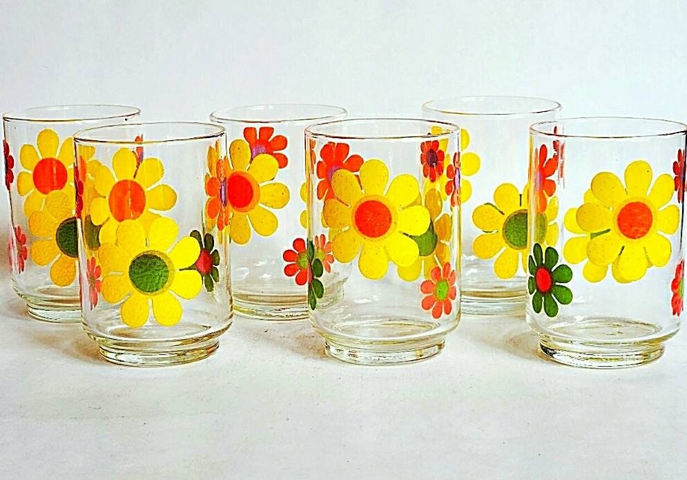 Retro 1960s Drinking Glasses Orange Hawaiian Flowers Boho Mid Century  Kitschy