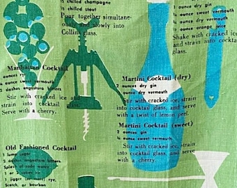 May include: A vintage green and blue kitchen towel with illustrations of cocktail glasses and a corkscrew. The towel features instructions for making classic cocktails, including the Black Velvet, Manhattan, Old Fashioned, Bronx, and Martini.