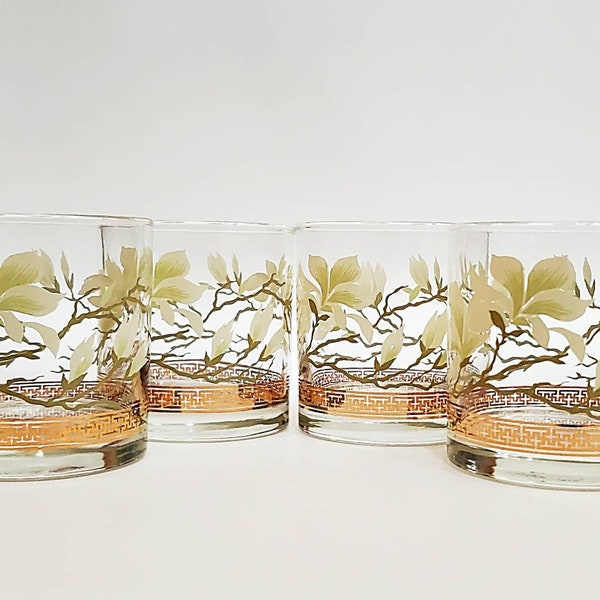 Mid Century Rocks Glasses, Flowers, Gold, Greek Key, flowers