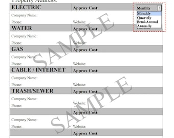 Puede incluir: Un formulario de proveedores de servicios públicos titulado "UTILITY PROVIDERS". Incluye secciones para electricidad, agua, gas, cable/internet y basura/alcantarillado. Los campos incluyen nombre de la empresa, teléfono, sitio web y costo aproximado. Un menú desplegable ofrece opciones de costo mensual, trimestral, semestral y anual.
