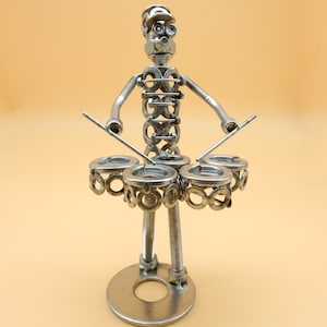 drummer drums percussion steel drum art metal sculpture steel Bongos  art of recycling recycled Metal sculpture scrap metals