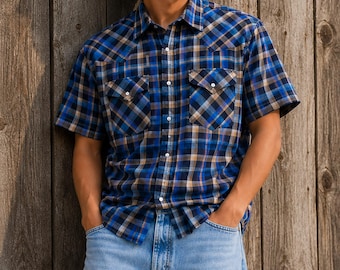 Plains Western Wear Pearl Snap Plaid Cowboy Shirt Rockabilly Large Tall Man Unisex Vintage