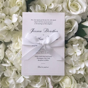 White Wedding Invitation, wedding invite, ribbon invite, elegant invitation, classic invite, triple layer invite, thermography