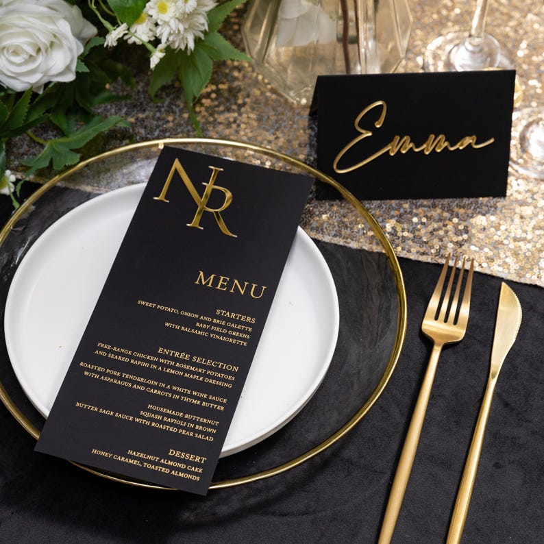 Luxury Gold Foil Menu Card With 3D Customized Name Tag - Etsy