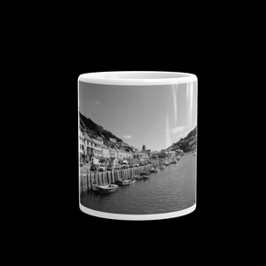 May include: Black and white photograph of a harbor town with boats docked along a pier. The town is built on a hillside and the water is calm.