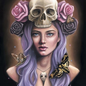 May include: A woman with long purple hair wears a crown of roses and a skull. She has a skull pendant necklace and a moth on her shoulder. The background is dark with a light brown halo around her head.