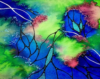 Abstract Watercolor original signed painting blue and green