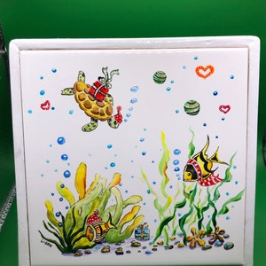 Framed Original HandPainted ceramic tile, Tile Art, underwater painting.
