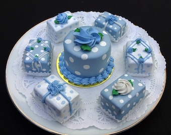 7 Pc. Blue and White Dotted Fake Pastry Set