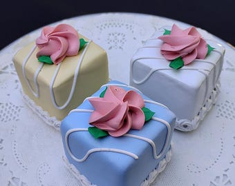 Fake Mini Cake Set | 3pc Blue White Yellow | Faux Dessert Rosette | Tier Tray Decor