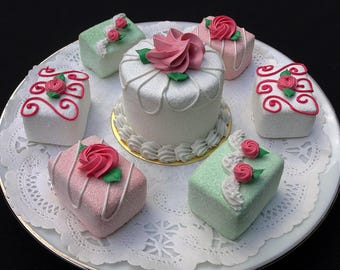 7 Pc. White Crystal Ice Faux Pastry Set | Glitter Display Petit Fours & Cake