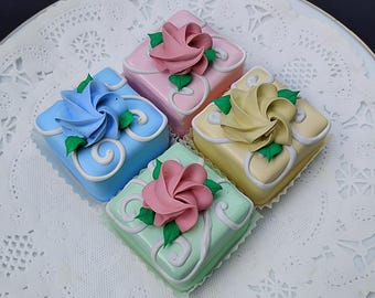 4 Pc Pastel Faux Petit Fours | Square Display Cakes with Rosettes | Tiered Tray Display