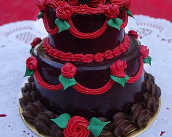 Two Tier Dark Chocolate Mini Cake Fake with Red Roses