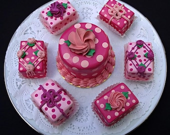 Pink Dotted Pastry 7pc Pastry Set | Fake Cake Centerpiece | Faux Dessert Props