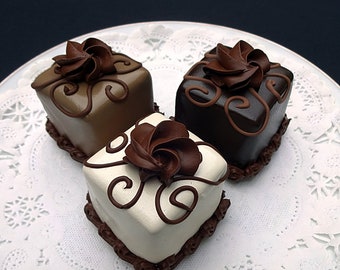 Realistic Faux Chocolate Mini Cakes • 3 Pc Display Set • Giftable Home Décor