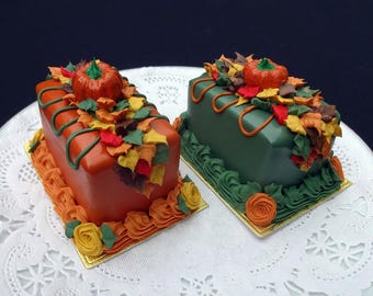 Autumn Rectangular Mini Cake | Fake Fall Desserts | Pumpkin Decor Prop