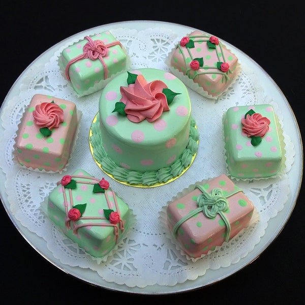 NEW! 7 Pc. Pink and Green Dotted Fake Pastry Set