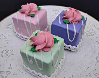 Pastel Mini Cake 3pc Set | Fake Dessert Props | Square Faux Pastry Displays