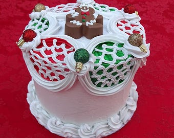 White Fake 6 Inch Gingerbread Cake with Christmas Light Ornaments