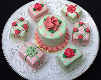 Fake Pastry Set | 7pc Pink & Green | Petit Fours | Mini Cake | Tier Tray Display Decor