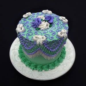 Violet and Green 6 Inch Fake Fringe Cake