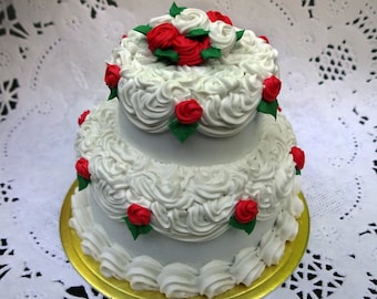 Two Tier White Mini Cake with Red Roses