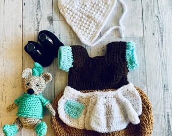Crochet Baby Girls Costume, Baby Dress, Crochet Baby Gift, Baby Shower Gift Set, Mouse Rattle, Welcome Baby Outfit, Gift